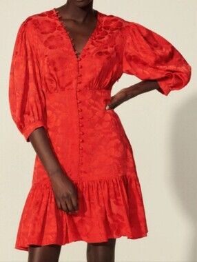 Sandro Azelie Silk Dress Red Floral Jacquard Button Detail US 2 NWT